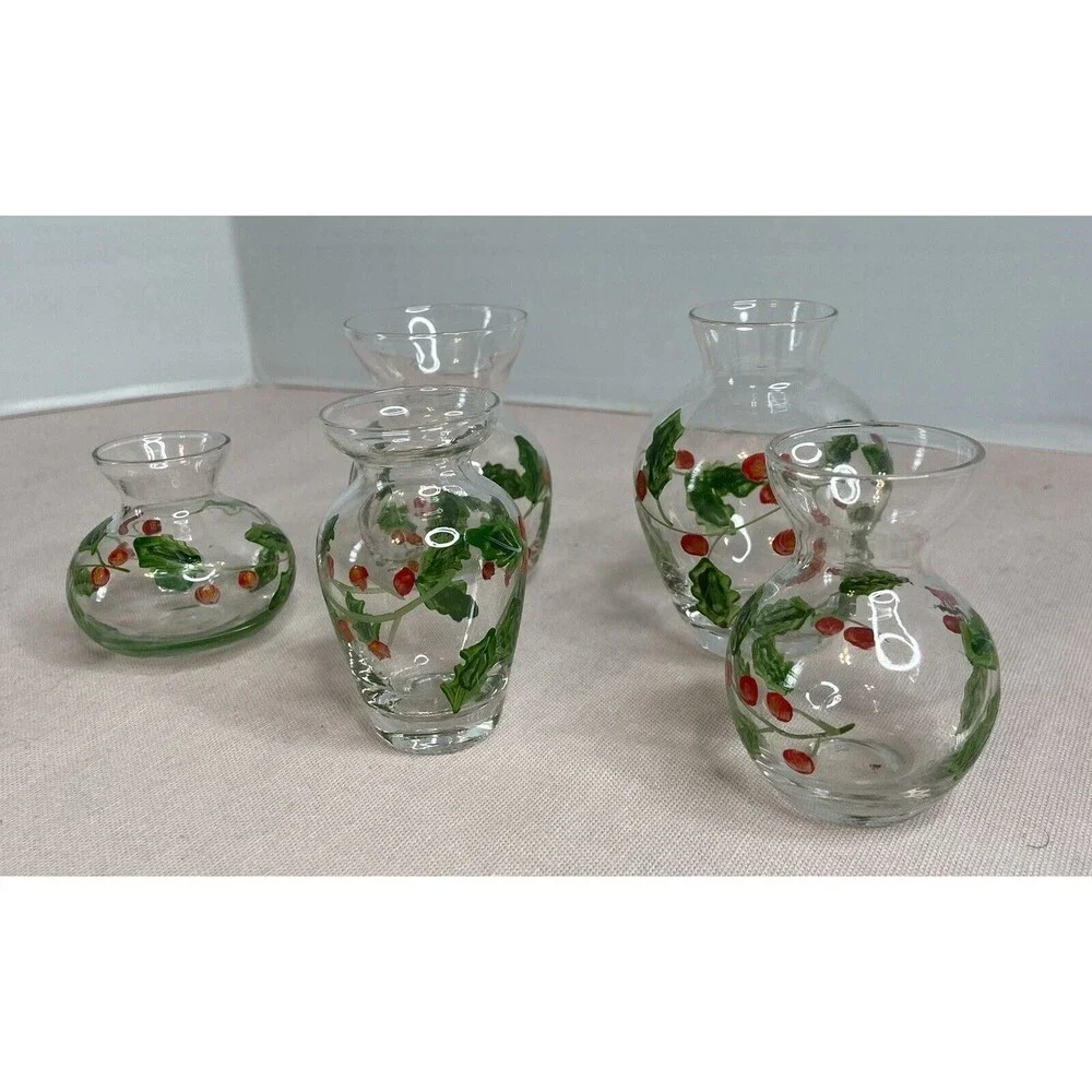 HAND PAINTED GLASS , CLEAR MINI VASES. 5 ITEMS IN THE SET.  VINES & BERRIES.